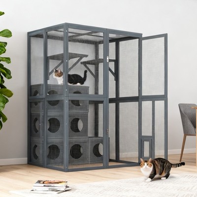 Cat Enclosure with Double Enter Doors shelves Weatherproof Pine Wood Playground 