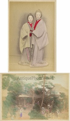 Hübsche Frauen Geishas und Parkszene 2 antike handgetönte Eiweiß Fotos Japan