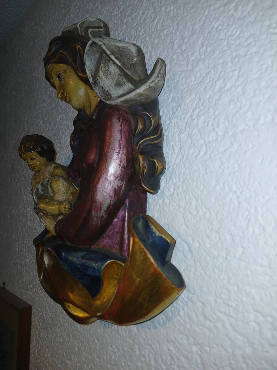 Madonna mit Kind Wandfigur Skulptur mehrfarbig Gold Rot Blau Beige Braun