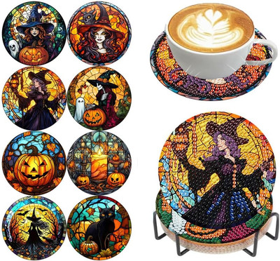 8 Pieces Halloween Diamond Art Coasters Kit, Halloween Diamond Painting Coasters