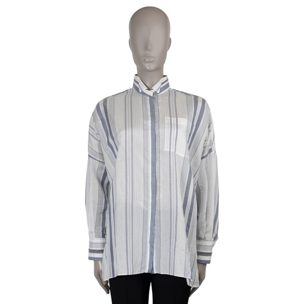 73108 Auth BRUNELLO CUCINELLI White Blue Silk 2020 MONILI TRIM STRIPED Shirt S