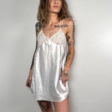 90s Vintage Val Mode Satin Slip Dress | Ivory Lace Nightgown Size M