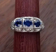 Art Deco Style Lab Created Diamond Sapphire 14k White Gold FN Wedding Gift Ring