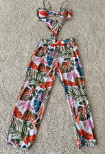 Shein bikini with sheer pants 3 pc Leaf print Green Blue Orange Womens Sz L