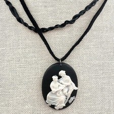 Vintage 90s Courting Scene Pendant Necklace Double Strand Black Cord Jewelry Y2K