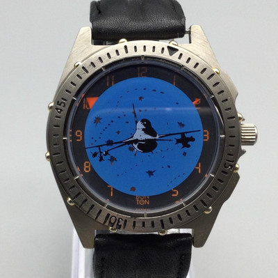 Bon Ton Watch Mens 39mm Blue Dial Plane Graphic Leather Stainless New Battery