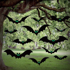 12pcs Halloween Hanging Bats Decorations - Outdoor Bats with Glowing Eyes for Tr