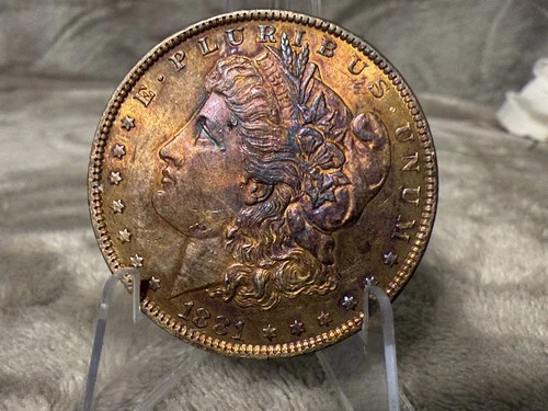 1881 O MORGAN SILVER DOLLAR GEM BU PROOF LIKE RAINBOW TONER