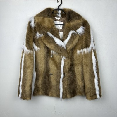 Beaumont Faux Fur Jacket Brown White Striped Button Women s Coat Size UK14 US12