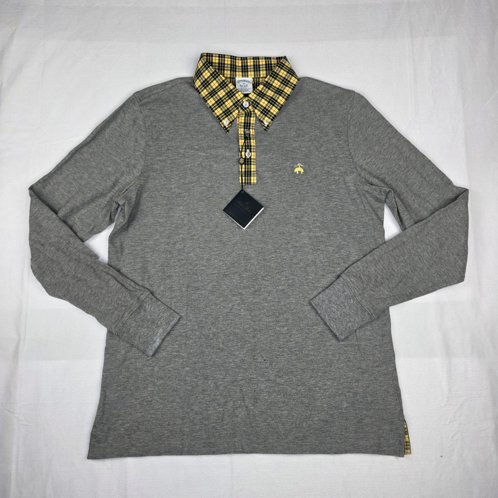 Brooks Brothers Slim Fit Tartan Collar Long-Sleeve Polo Medium Heather Gray New