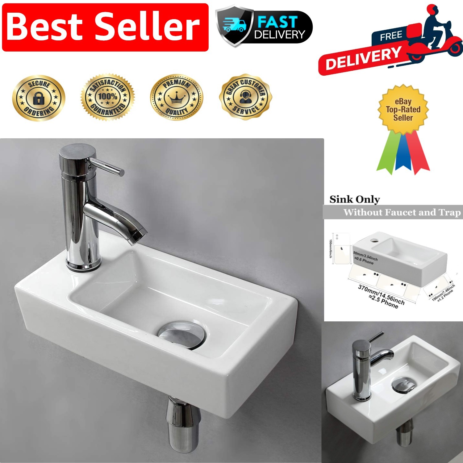 Contemporary Wall Hung Basin Sink - Small Rectangular Ceramic Wash Basin