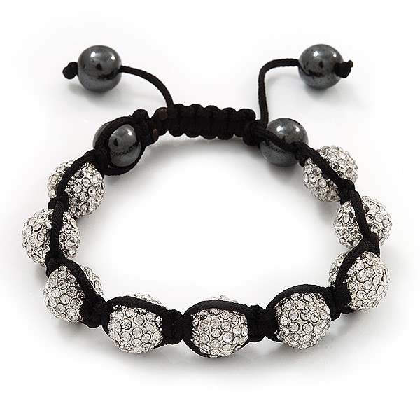 Unisex Clear Crystal Balls & Smooth Round Hematite Beads Bracelet - 10mm -