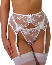 NewBull Lace Garter Belt Thong Set for Women Suspender One Size, White