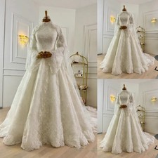 White Muslim Lace High Neck Wedding Dress Flared Long Sleeve Lace Appliques