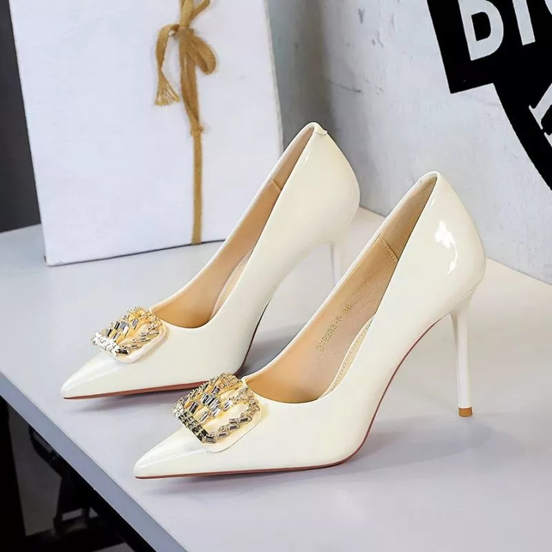 Zapatos de Salón Mujer Marfil Pulido con Pedrería Ceremonia Tacón Alto 9,5 CM