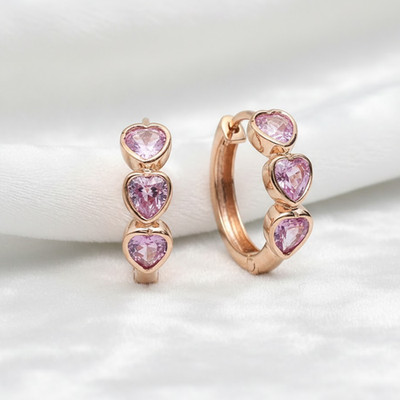 Trio Heart Pink Sapphire Clip-On Hoop Earrings In 14K Yellow Gold Christmas Gift