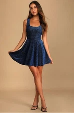 NWT lulus Best Date Ever Blue Metallic Skater Mini Dress