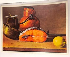 Vintage Canvas Oleographic Reproduccion Un Trozo de Salmon Museo del Prado