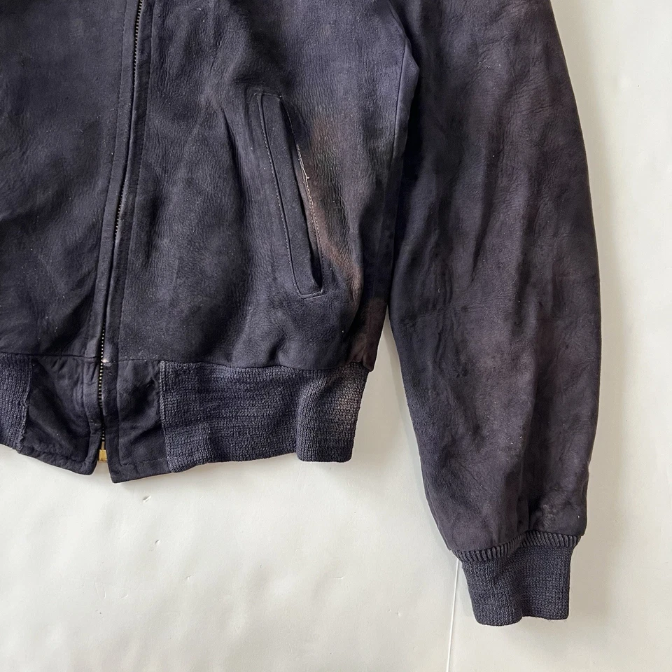 60s Vintage Suede Bomber Jacket Men’s Size 38 Navy Casual Full Zip - Image 3 of 4