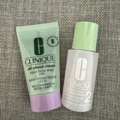 Clinique Clarifying Lotion 2 & All About Clean Liquid Facial Soap Mild 1 oz Each