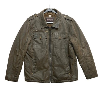 Guess Moto Field Jacket Mens Large Brown Waxed Canvas Look Sherpa Lined Coat