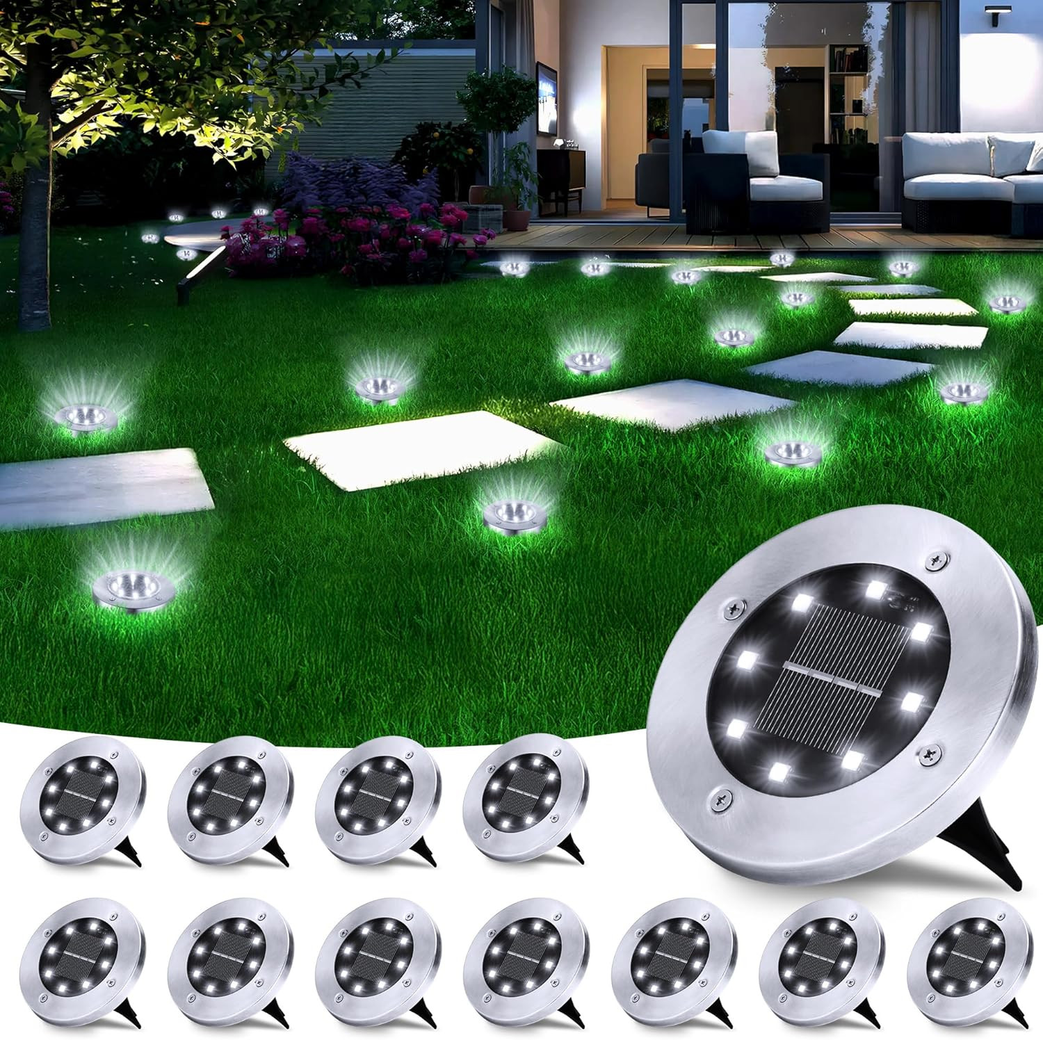 12 Pezzi Luci Solari Giardino Esterno, 8 Leds Luce Sepolta Faretti Terra Solare 
