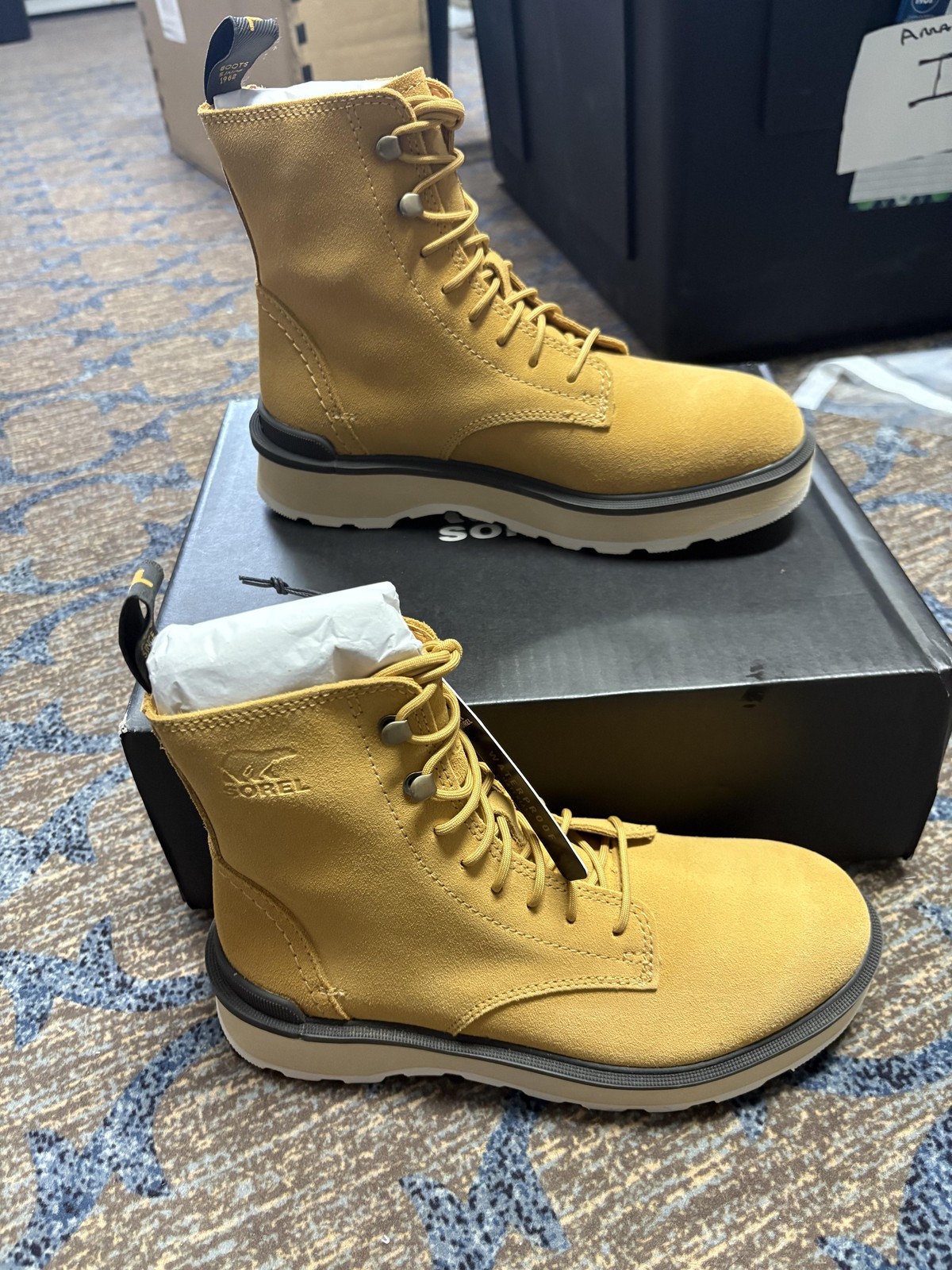 Sorel Hi-Line Lace Boots Womens Size 7 Geo Yellow Waterproof Leather Casual