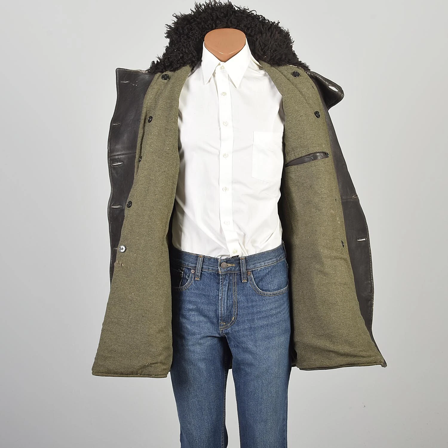  1940s leather military officers distressed shearling jacket