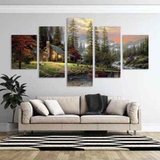 Fishing Cabin Forest Lake Mountain River Landscape 5 Piece Canvas Wall Art Decor