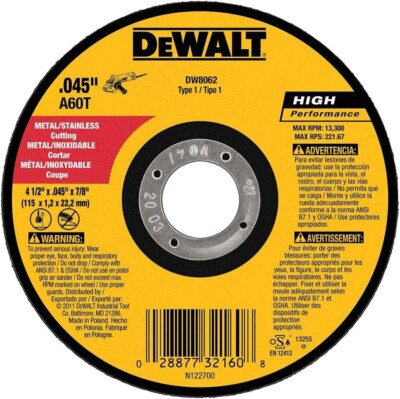 DEWALT DW 8062 4 1/2'' X .045'' X 7/8''  Thin Cut Off Wheels  100 Pack 