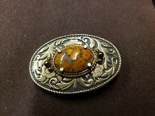 Moss Agate Stone Oval shape Belt Buckle Gold Tone w/ Floral Design Vintage