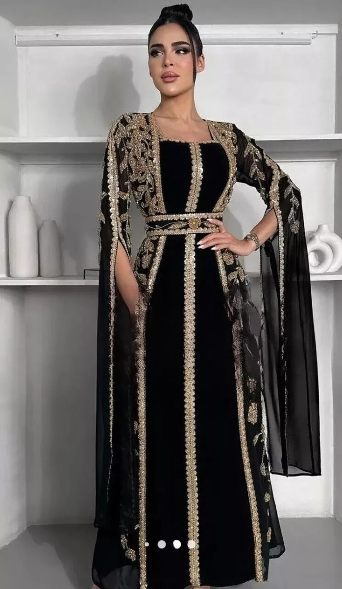 black kaftan dress long New Fashionable Georgette Farasha Abaya Moroccan Dubai Gown 76% Tencel lyocell color_family:Blue Women's Bright Blue Filigree size:6YR
