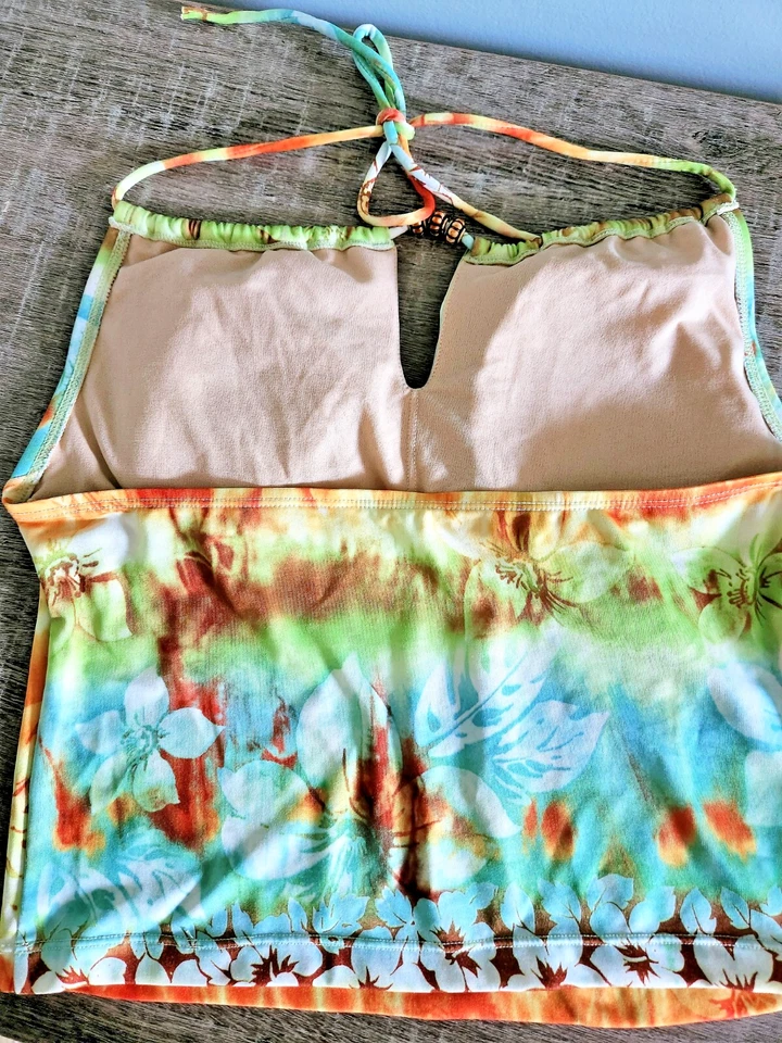 L.E.I. Roupa de banho feminina 2 peças Tankini Halter Top triangular havaiana tropical - Imagem 4 de 4