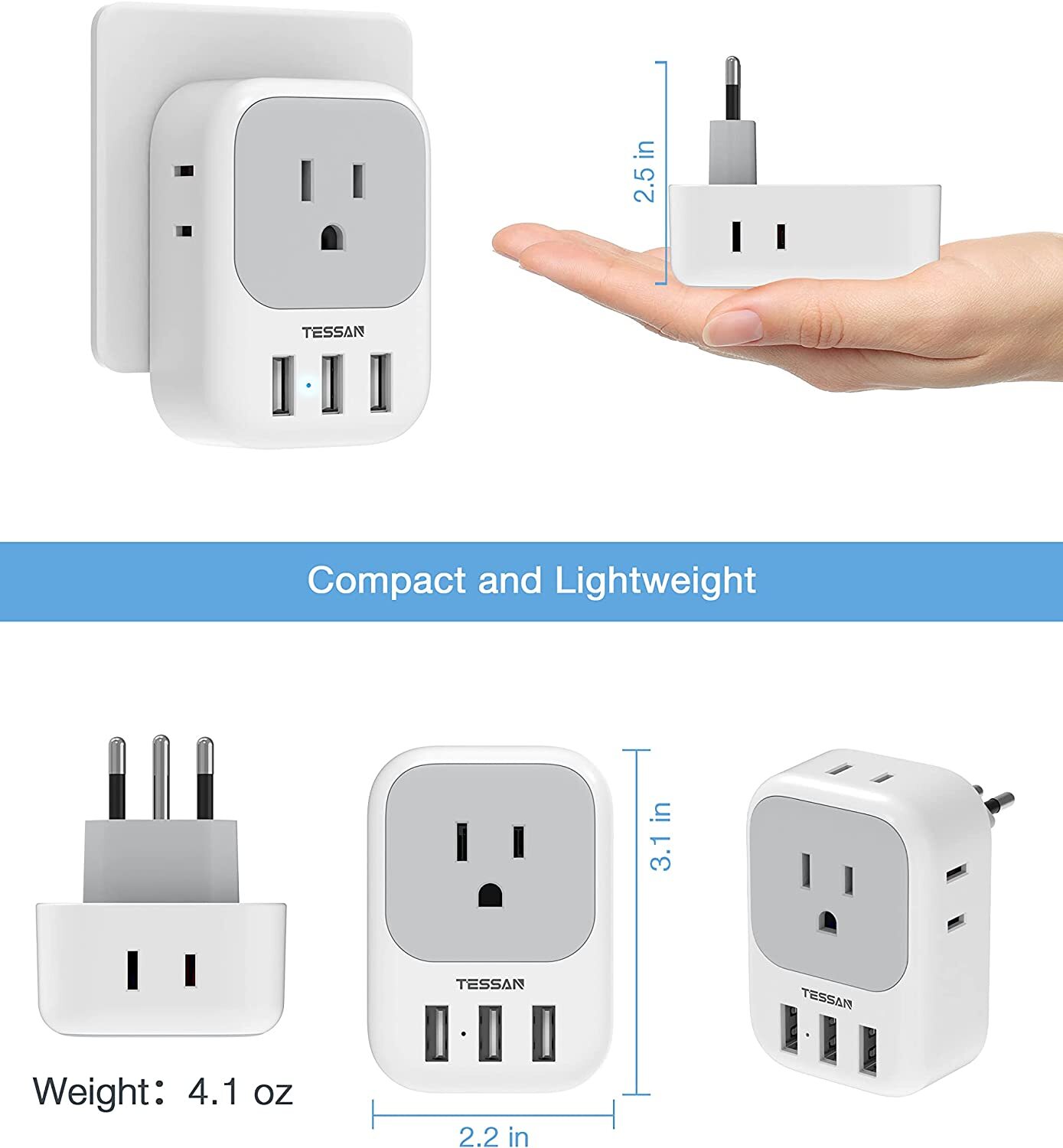 Italy Power Plug Adapter with Multi Outlet USB Port for US to Chile