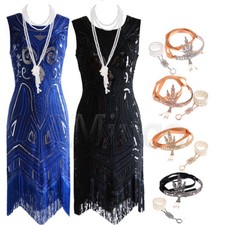 1920's Dresses Gatsby Charleston Sequin Beaded Dress Flapper Fringe 20's Costume
