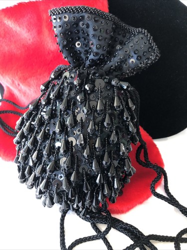 Vtg Designer Purse Evening Black Drop Bead Drawstring Pouch Crossbody Clutch - Picture 3 of 9
