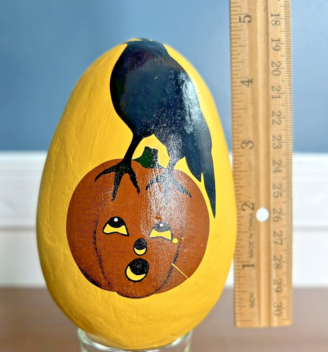ESC & Company Hand-painted Paper Mâché Halloween Yellow Egg Crow Pumpkin 5x3" - Picture 6 of 7