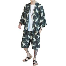 Herren Hemd Und Shorts Set Tiefer Schulter Kimono Top Halbe Hose Locker Freizeit