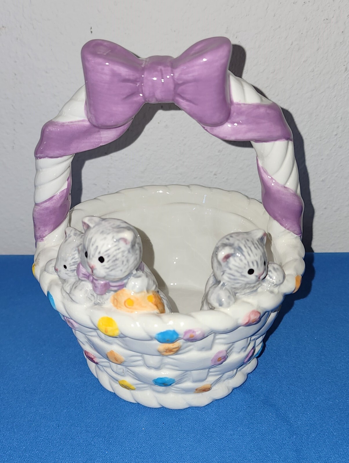 Vintage GAC Ceramic Colorful Easter Basket, 3 Kittens Playing, Climbing Cats