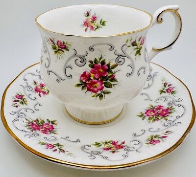 Vintage Queen's Rosina England Cup & Saucer Pink Rose Bouquets Scrolls; Teacup