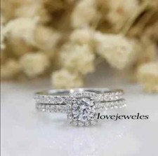 14K White Gold Finish 1.85CT Round Cut Diamond Lab-Created Wedding Halo Ring Set