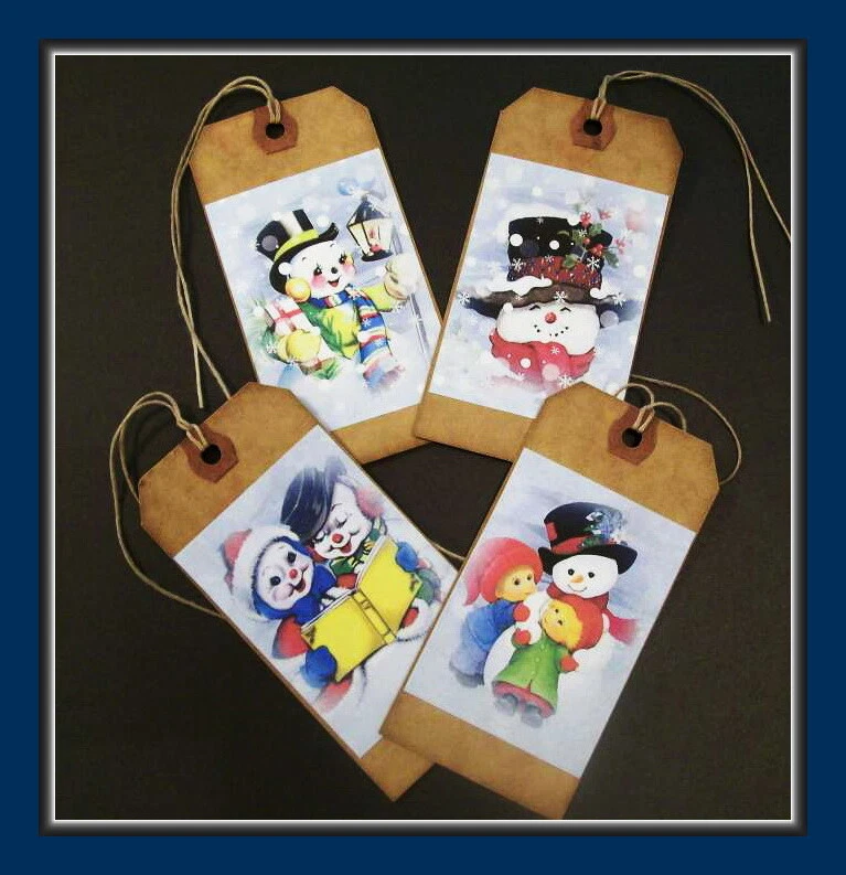 CUTE VINTAGE SNOWMEN WITH CHILDREN HANG TAGS - EIGHT - PRIMITIVE DESIGNS - Image 4 of 4