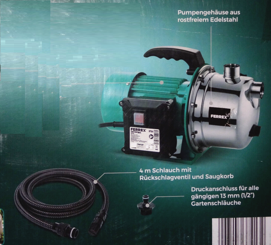 Ferrex Gartenpumpe Saugpumpe Wasserpumpe 1000W + Saugschlauch GAJET45