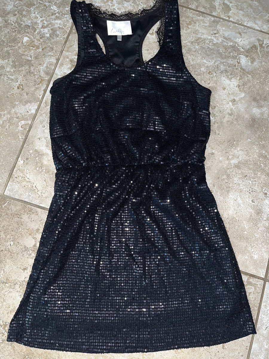 Lush Black Sequin Tank Dress With Lace Trim Small Lush Black Sequin Tank Dress With Lace Trim Small