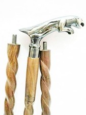 Silver Brass Jaguar Handle with Hand Carved Brown Wooden Walking Stick Cane Gift
