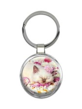 Cat : Gift Round Keychain Cute Animal Kitten Funny Friend Flowers Pet