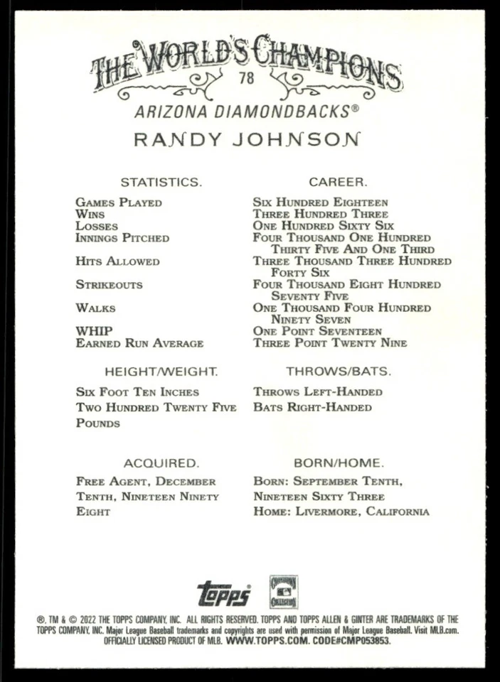 2022 Topps Allen & Ginter Randy Johnson Arizona Diamondbacks #78 - Image 2 of 2