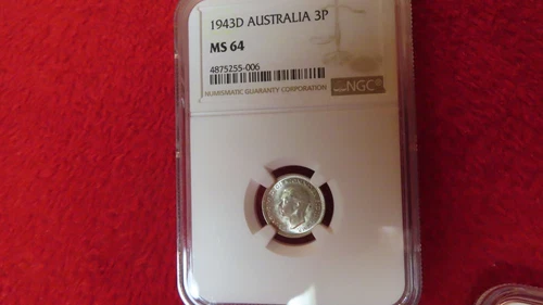 1943-D AUSTRALIA SILVER THREE 3 PENCE NGC MS64 BLAST WHITE (3433NAM)