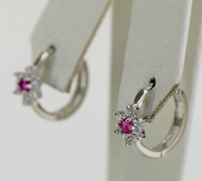 14k White Gold Flower Huggies Hoop Earring Birthstone