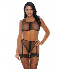 FORPLAY Caught Up Fishnet Bra and Panty with Garter Straps & zippers- Black